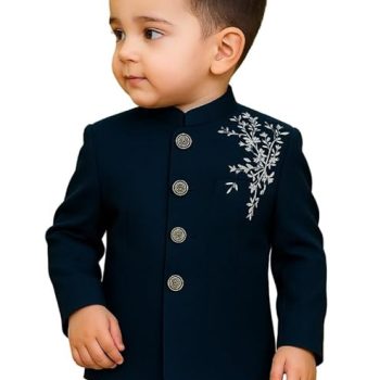 Baby Boy Sherwani Set Navy Blue Embroidered Jacket with White Cotton Pant