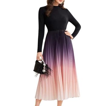 Dress for Women || Women’s Ombre Pleated Maxi Dress || Elegant Long Sleeve Gradient A‑Line Gown for Parties & Casual Outings