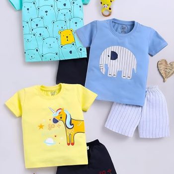 Boys Summer 3 Packs Of T-shirts and Shorts Combo Set (Multicolors)