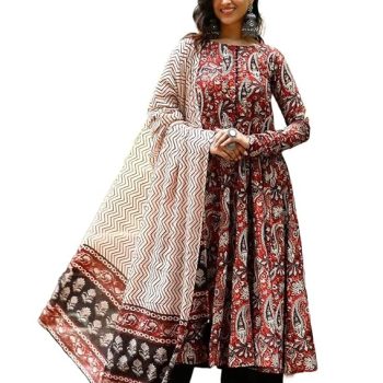 Women Printed Anarkali Kurta and Pant Set with Dupatta