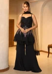 BLACK SEQUIN EMBELLISHED STRAPPY PEPLUM TOP WITH PALAZZO PANTS AND A SHEER NET DUPATTA