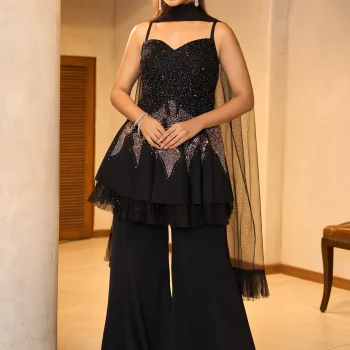 BLACK SEQUIN EMBELLISHED STRAPPY PEPLUM TOP WITH PALAZZO PANTS AND A SHEER NET DUPATTA