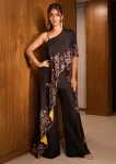 BLACK FLORAL EMBROIDERED ONE SHOULDER CAPE TOP WITH PALAZZO PANTS