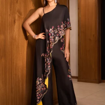 BLACK FLORAL EMBROIDERED ONE SHOULDER CAPE TOP WITH PALAZZO PANTS