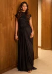 BLACK SEQUIN EMBELLISHED HIGH NECK TOP WITH DRAPE SKIRT AND ATTACHED DUPATTA