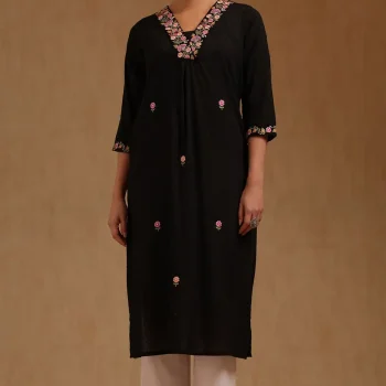 Black Cotton Dobby Embroidered Kurta With Thread Work