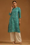 Teal Green Desert Storm Ethnic Motifs Kurta