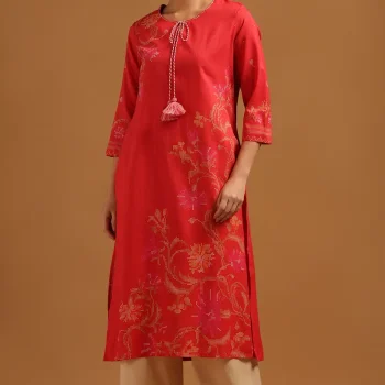 Rust Cotton Floral Kurta