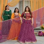 Basanti- Wine Banarasi Brocade Leheriya Chiffon Lehenga Set