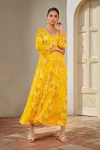 Yellow Chinon Floral Print Alia Cut Ethnic Dress With Mirror Work