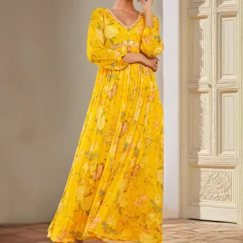 Yellow Chinon Floral Print Alia Cut Ethnic Dress With Mirror Work