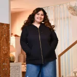 Black Woollen Fleece Zipper Hoodie Jacket
