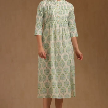 Off White Cotton Floral Print Dress