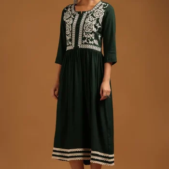 Green Rayon Floral Dress With Hand Embroidery