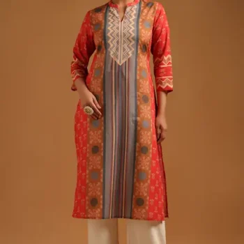 Rust Pure Cotton Floral Kurta