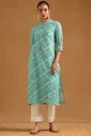 Turquoise Blue Cotton Blend Leheriya Kurta With Zari Embroidery & Faux Mirror