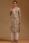 Grey Muslin Botanical Print Kurta With Thread Work
