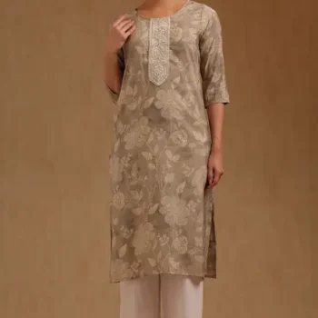 Grey Muslin Botanical Print Kurta With Thread Work