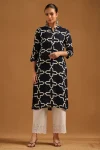 Navy Blue Rayon Geometric Kurta