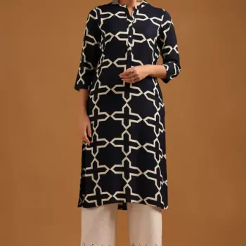 Navy Blue Rayon Geometric Kurta