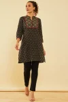 Black Cotton Floral Printed Short Kurta With Sequins