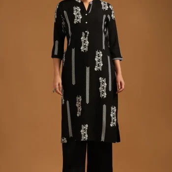 Black Rayon Botanical Kurta