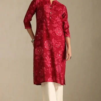 Wine Muslin Floral Print Kurta