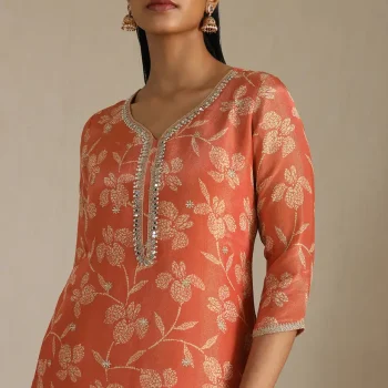 Peach Tissue Floral Print Kurta With Mirror and Pearl