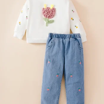 Floral Applique Sweatshirt & Jeans Set