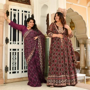 Katha- Shades of Wine Fusion Print Zari Embroidered Pre-Drape Saree