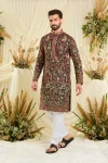 Black sequined kurta with intricate flora-fauna embroidery, multicolour threadwork, sequins, and a delicately detailed neckline for elevated festive elegance