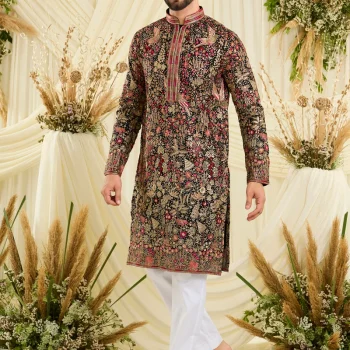 Black sequined kurta with intricate flora-fauna embroidery, multicolour threadwork, sequins, and a delicately detailed neckline for elevated festive elegance