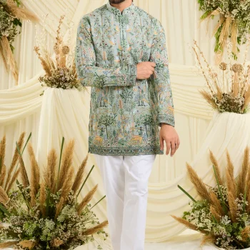 Bluish green short kurta with intricate flora-fauna embroidery, multicolour threadwork, and delicate sequins for a fresh, elevated festive look