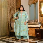 Misty Mimosa- Light Blue-green Floral Printed Pure Organza Aline Suit Set