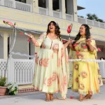 Butter Yellow Floral Hand Painted Crepe Chiffon Blend Anarkali Set