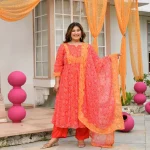 Desi Kanya- Red & Orange Bandhani Applique Chiffon Anarkali Set