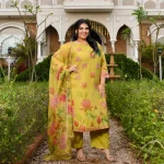 Morning Date- Dusky Yellow Lotus Printed Pure Tissue Organza Suit Set
