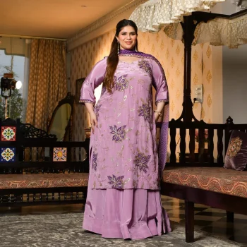 Dekha Tenu- Lilac & Purple Pure Crepe Cutdana Embroidered Kurta Skirt Set