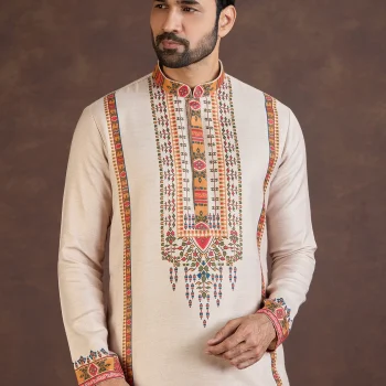 Beige printed soft linen kurta suit for wedding