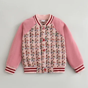 Fabric Spliced Tweed Bomber Jacket